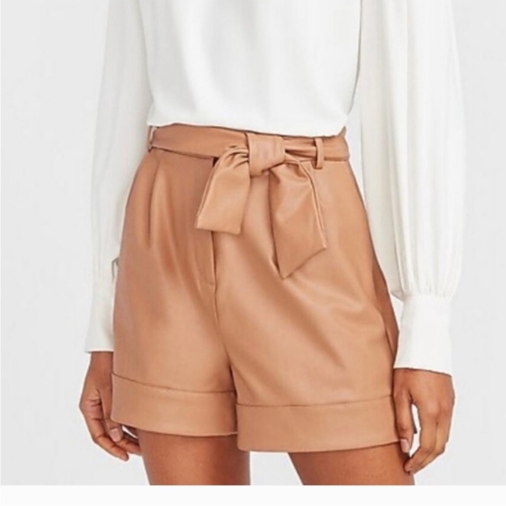 Express Camel Midi Extreme High Rise Vegan Leather Shorts
